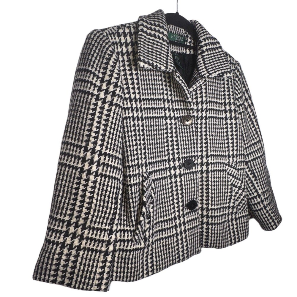 Ralph Lauren Jacket Blazer Houndstooth Size 10P Wool Blend Black White Pockets